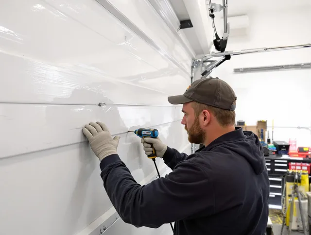 Fort Carson Garage Door Repair technician demonstrating precision dent removal techniques on a Fort Carson garage door