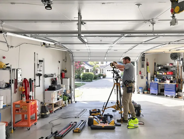Fort Carson Garage Door Repair specialist performing laser-guided track alignment in Fort Carson